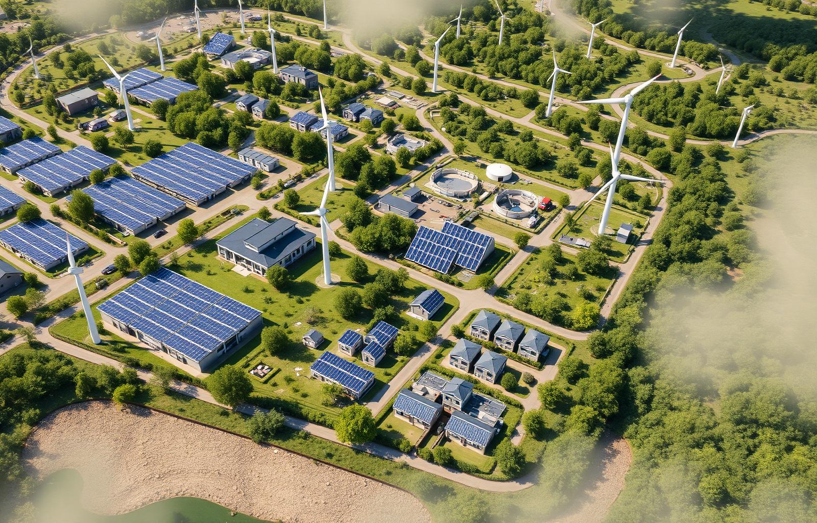 Aerial view of sustainable city integrating renewable energy and recycling